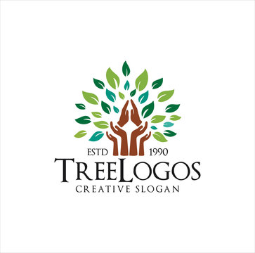 hand tree logo Design Vector illustration . Prayer Tree Logo . People Tree Logo Design .