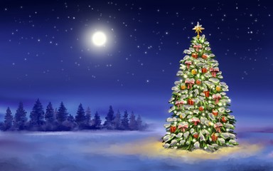 Christmas night, christmas tree on winter background, Decorative Christmas wallpaper, art illustration painted with watercolors