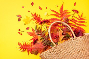 Autumn composition. Straw bag with autumn dried leaves on yellow background. Flat lay. Top view. Copy space. Fall season concept. Sustainable lifestyle. Zero waste, plastic free concept.