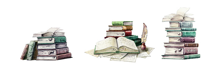 Open book. Drawings of old books, watercolor illustration, set of elements for creativity. Book volumes and scrolls. Old books. Vintage style.