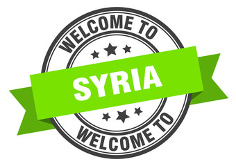 Syria stamp. welcome to Syria green sign