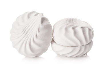 Pair of tasty dessert white zephyr marshmallows, isolated on white