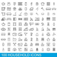 100 household icons set. Outline illustration of 100 household icons vector set isolated on white background