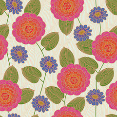 Vector Flowers in Pink, Purple, and Orange with Green Leaves on Beige Gold Background. Background for textiles, cards, manufacturing, wallpapers, print, gift wrap and scrapbooking.