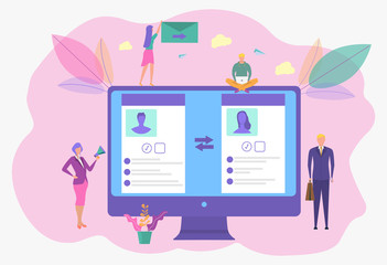 Communicating via the Internet, social networks, chat, video, news, messages, website, search for friends, search for couples, love, mobile web graphics. Vector colorful illustration