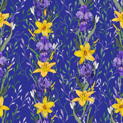 Fototapeta na wymiar Floral seamless pattern with flowers purple irises, yellow lilies, green leaves on blue. Hand drawn. For your design, prints, textile, web pages. Realistic style. Vector stock illustration.