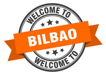 Bilbao stamp. welcome to Bilbao orange sign