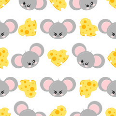 Mouse face and cheese shape of heart colorful seamless pattern on white background.