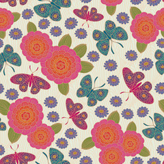 Vector Butterflies with Floral Wings and Flowers in Blue, Green, Pink, and Purple on Gold Beige Background. Background for textiles, cards, manufacturing, wallpapers, print, gift wrap and scrapbooking