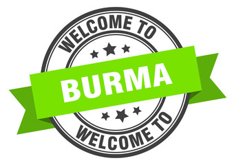 Burma stamp. welcome to Burma green sign