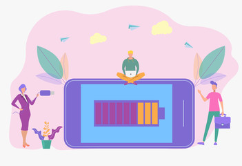 Discharged power sources, various state of battery charging. People charge a smartphone, laptop, tablet.