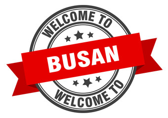 Busan stamp. welcome to Busan red sign