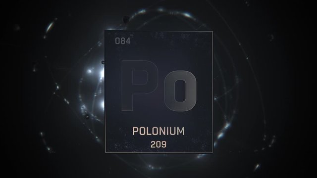 Polonium as Element 84 of the Periodic Table. Seamlessly looping 3D animation on silver illuminated atom design background with orbiting electrons. Design shows name, atomic weight and element number