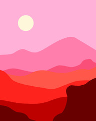 Red sand dunes with mountains in the distant minimalist landscape nordic design pink sky