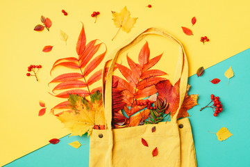 Autumn flat lay composition. Dry maple autumn leaves in blue shopping bag on yellow background. Top...