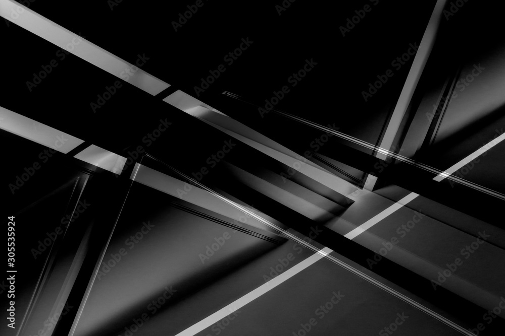 Poster fragment of modern architecture / interior with glowing lines in darkness. abstract black geometric 