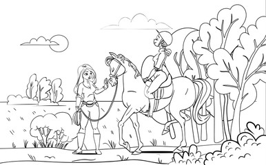 Horse pattern design. Horse and a rider standing near forest. Vector illustration.