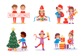 Smiling kids packing gifts. Decorating Christmas tree for celebration. Happy children in New Year fairy costumes with candies and lollipops presents. Cute characters. Vector illustration, cartoon flat