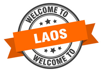 Laos stamp. welcome to Laos orange sign