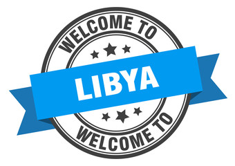 Libya stamp. welcome to Libya blue sign