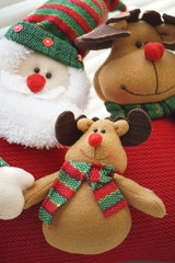 Friendly company of Santa Claus and his animal friends, New Year card.