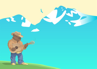 A cowboy bear plays the guitar against the backdrop of snowy mountains. Stands on top. Vector cartoon illustration.