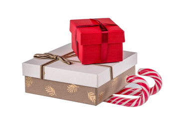 Creative Christmas gift in shape of sleigh on white background.