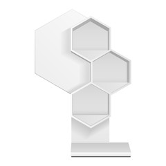 Mockup Hexagonal Retail Shelves Floor Display Rack For Supermarket Blank Empty. Cell. Cardboard . Mock Up. 3D On White Background Isolated. Ready For Your Design. Product Advertising. Vector EPS10