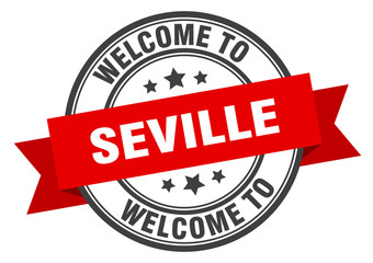 Seville stamp. welcome to Seville red sign