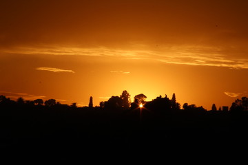 Fez on a nice orange sunset and the sun in the background in some trees. Morocco