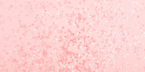 Festive pink background. Stars on pastel pink background. Christmas. Wedding. Birthday. Happy womens day. Mothers Day. Valentine's Day. Flat lay, top view, copy space.