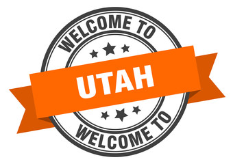 Utah stamp. welcome to Utah orange sign