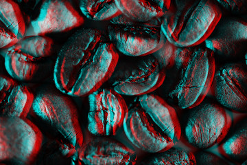 a scattering of coffee beans for the background illuminated with neon
