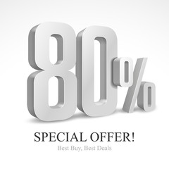 80 Off Special Offer Silver 3D Digits Banner, Template Eighty Percent. Sale, Discount. Grayscale, Metal, Gray, Glossy Numbers. Illustration Isolated On White Background. Ready For Your Design. Vector