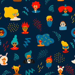 Vector seamless pattern with funny male and female faces in bright masks and costumes