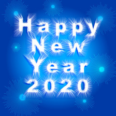 Happy New Year 2020 lettering on blue vector background with sparkles. Greeting card design template. Great for banners, flyers, party posters. Vector illustration
