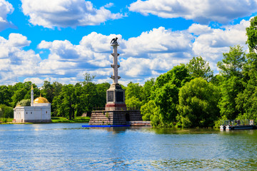 Chesme column and Turkish Bath pavilion in the Catherine Park in Tsarskoye Selo, Pushkin, Russia