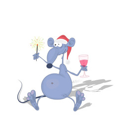 A funny, big-eyed mouse in a Christmas hat sits and celebrates the New Year. Vecton illustration on a white background.