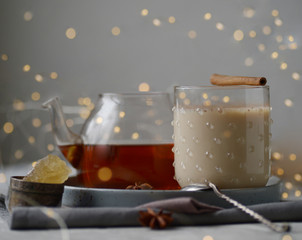 Flavoured masala tea made by brewing black tea with aromatic spices and herbs