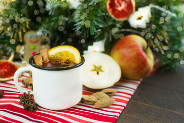 Christmas mulled wine. Mocktail. Soft drink.nonalcoholic. Hot compote with dried fruits, spices.