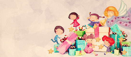 Children with christmas angel and gifts. Watercolor banner