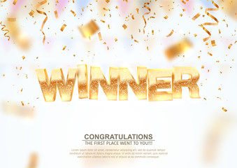 Golden winner word on falling down confetti background with blur motion effect. Winning vector illustration template. Congratulations with perfect victory.