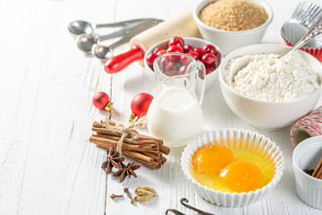 Christmas baking concept - ingredients and decorations, copy space