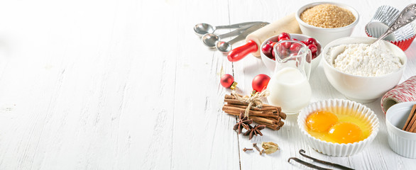 Christmas baking concept - ingredients and decorations, copy space