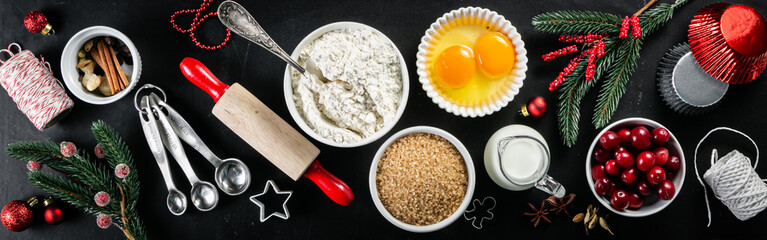 Christmas baking concept - ingredients and decorations, copy space