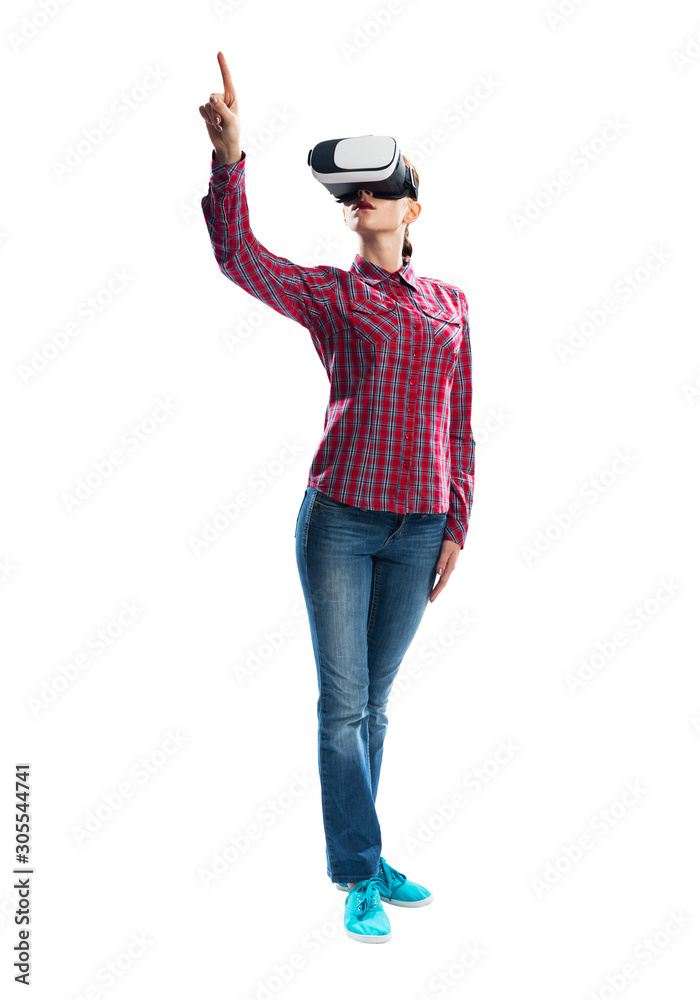 Sticker Young woman wearing VR goggles and gesturing