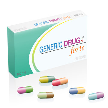 Generic drugs, pills box with colorful capsules. Symbolic for harmful counterfeit pills, risk and danger of cheap or illegal produced and sold pharmaceuticals. Isolated vector on white.