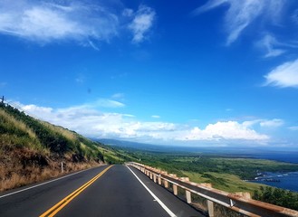 Fototapeta na wymiar Hawaii Road with blue sky and green fields