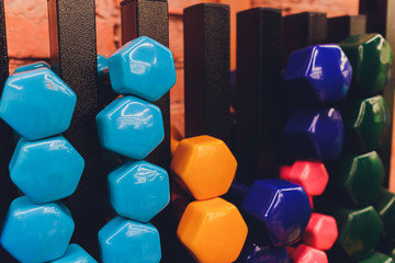 Receding row of weights lined up in a gym waiting for clients with focus to the third and fourth dumbbells in the row.