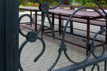 Fragment of wrought iron fence ornament.